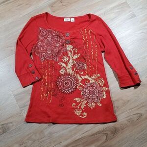 🔺️Cato Rust & Gold Print 3/4 Buttoned Sleeve Top Medium